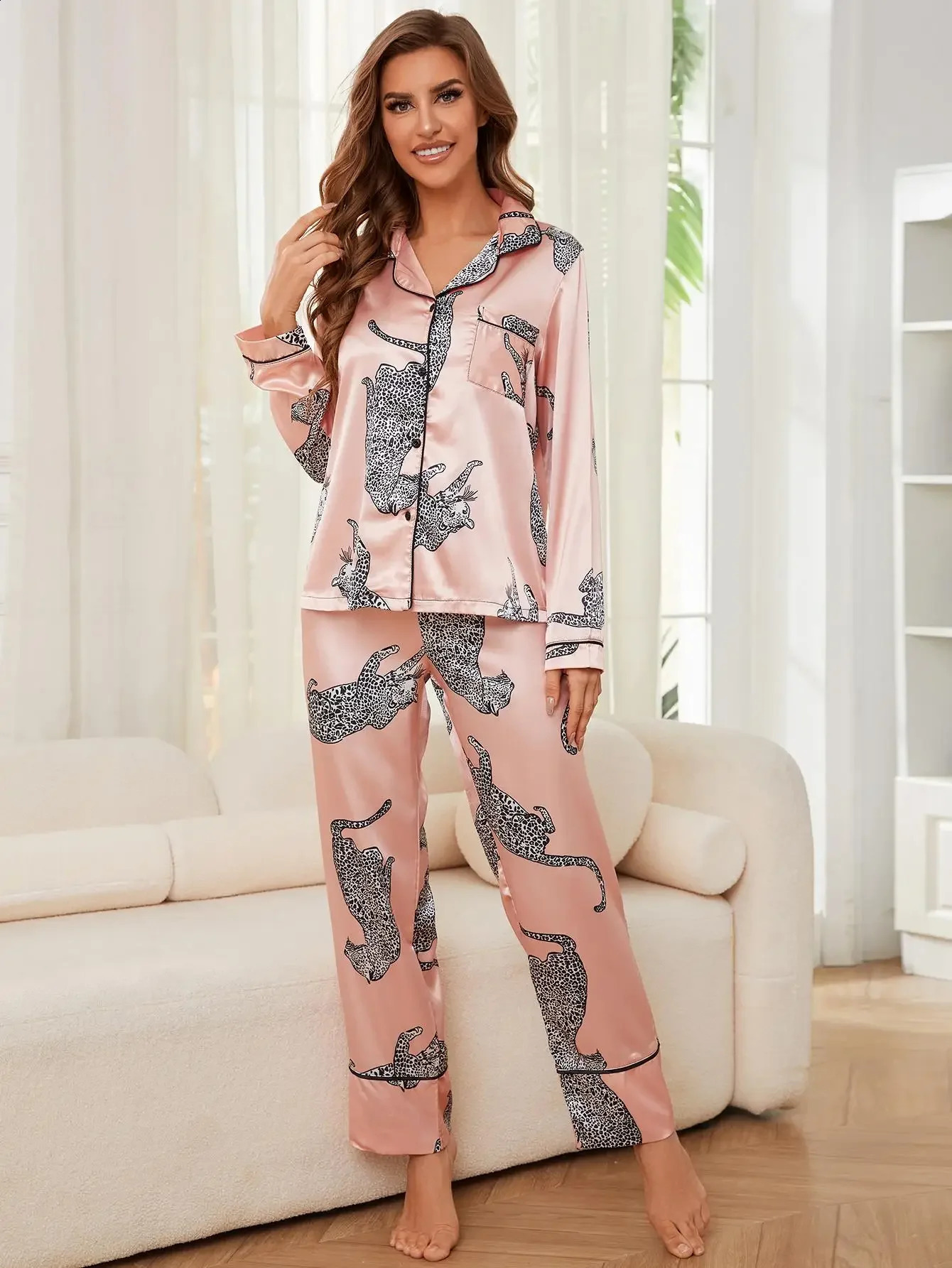 Leopard Print Silk Satin Women Pajama Sets Long Sleeves Front Button Top Full-Length Pants 2 Piece Female Sleepwear Nightwear 240815
