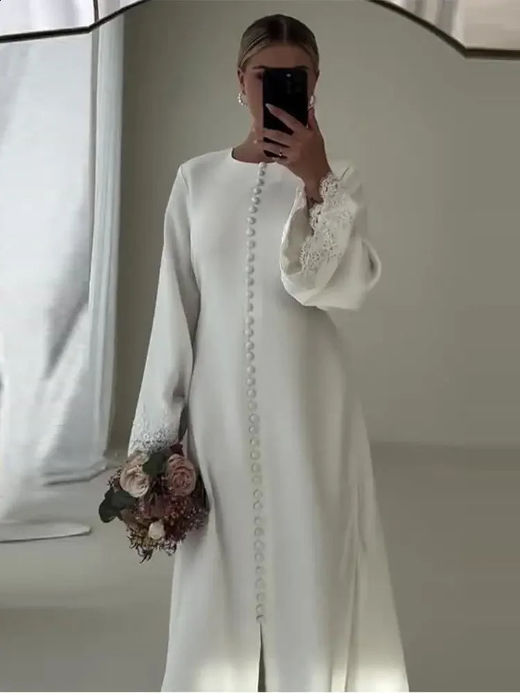 All White Elegant Lace Flare Sleeve Singlebreasted Maxi Dresse Fashion O Neck Slit Solid Dress 2024 Lady Street Robes 24