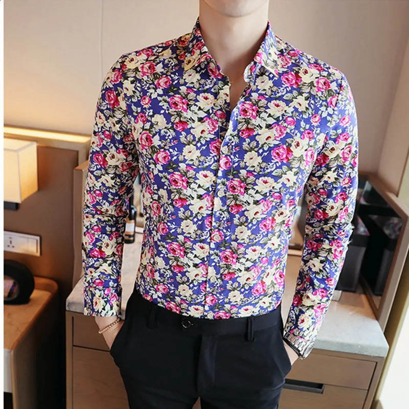 Men Shirts Cotton Vintage Clothes Flowers Shirt Korean Clothing Mens Fashion Beach Mens Spring Long Sleeve Shirt Top 240816