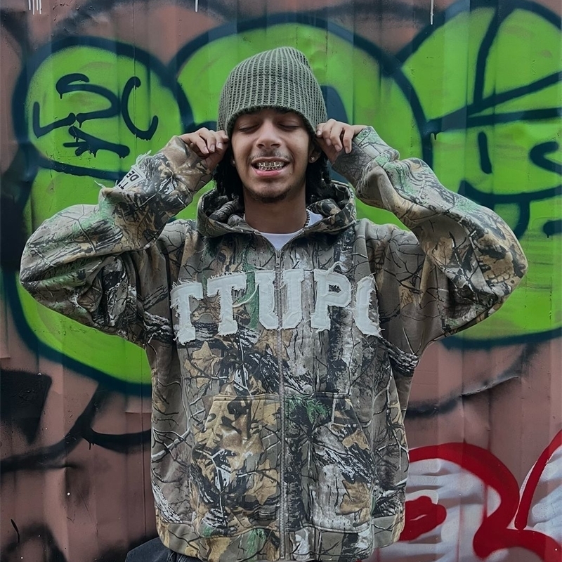 American Leaf Camouflage Pattern Embroidered Letter Zipper Mens Loose Trend Hip Hop Gothic Street Y2K Clothing 240816