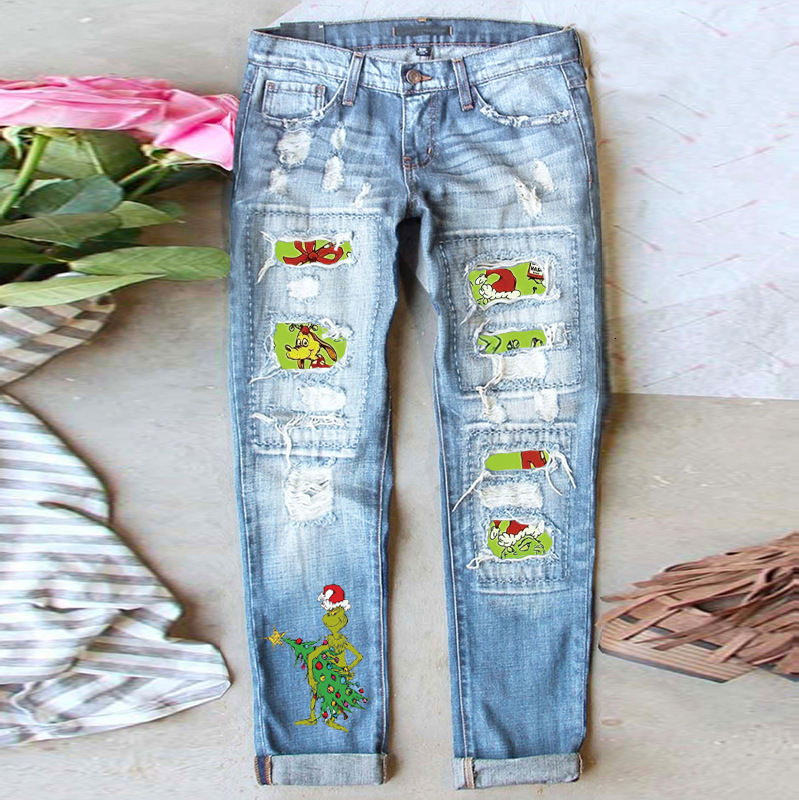 New distressed print casual straight waist women's water washed jeans