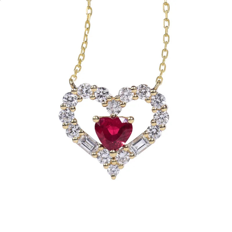 S925 Sterling Silver Double Heart Cupid Ruby Love Pendant Light Necklace 240812