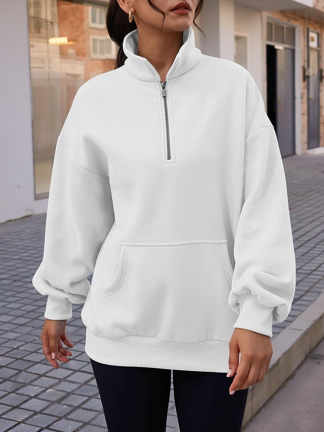 Stand Collar Casual Sweatshirts Half Zip Women Cropped Pullover Thumb Hole Overzised Hoodie Solid Color Plus Size Casual Sweater