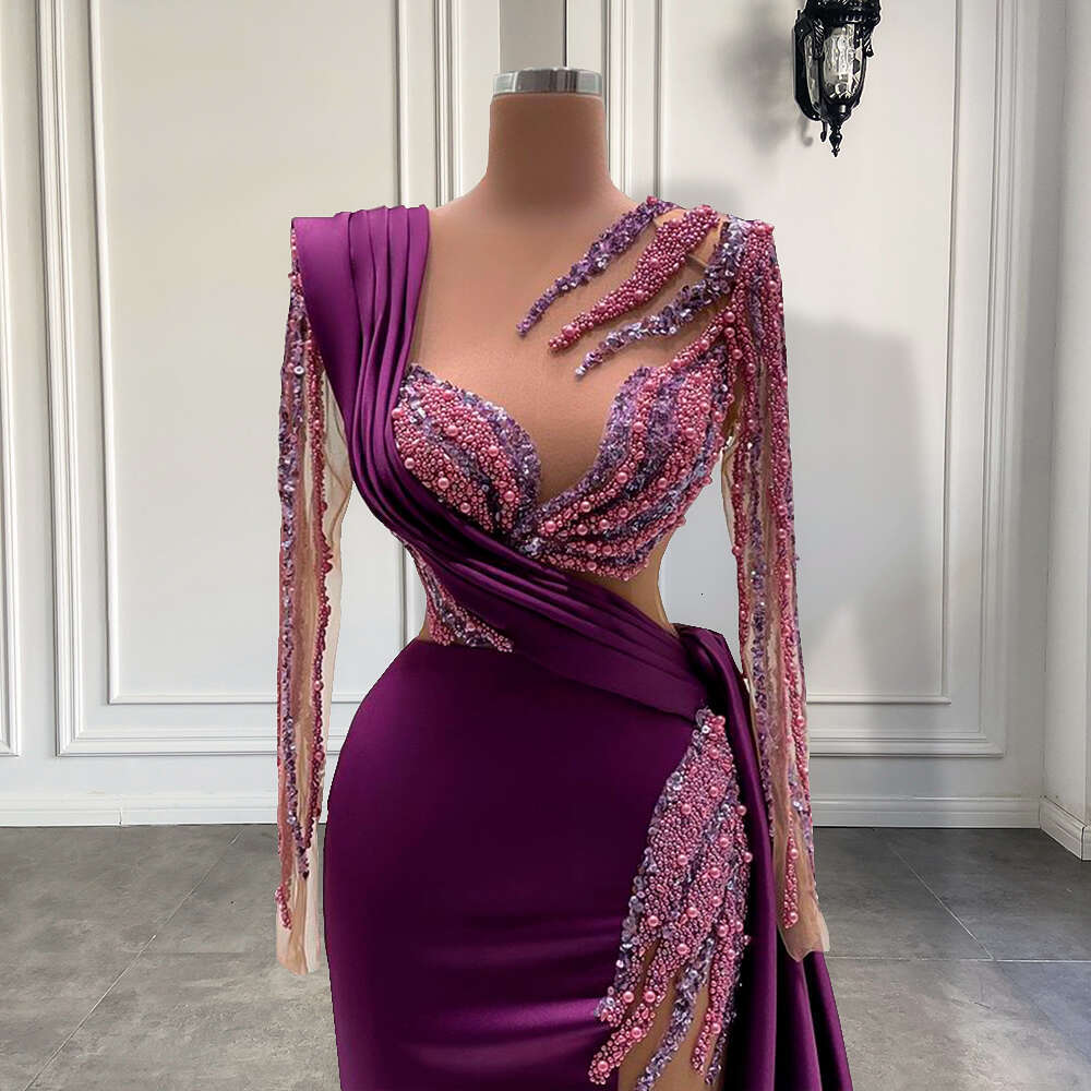 Sleeve Long Dresses Real Sample Pearls Dubai Women Purple Satin Sheer Formal Evening Gowns