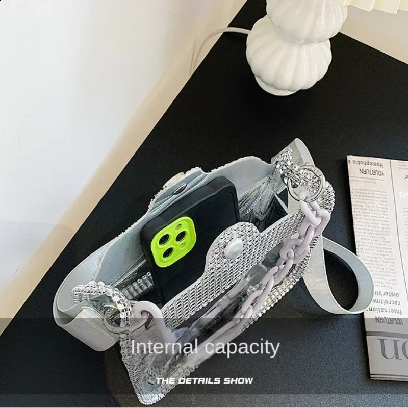 PVC Transparent Shoulder Crossbody Bag for Women Rhinestone Thick Chain Ladies Small Purse and Handbags Fashion Jelly Beach Tote 240816