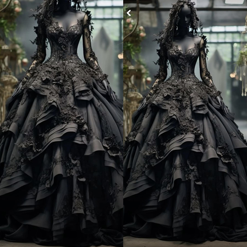 Elegant Gothic Black Wedding Dress with Long Sleeves & 3D ral Appliques for Brides - A-e Style Ruffle Tiered Vintage Women Dresses