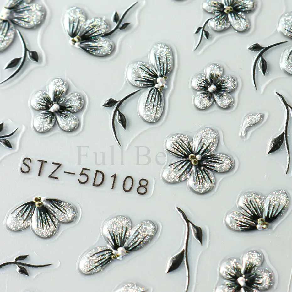 5D Acrylic Glitter Black Flower Nail Art Sticker Decals Watercolor Ink Blooming Floral Leaf Self-adhesive Slider Manicure DecorXJ250120