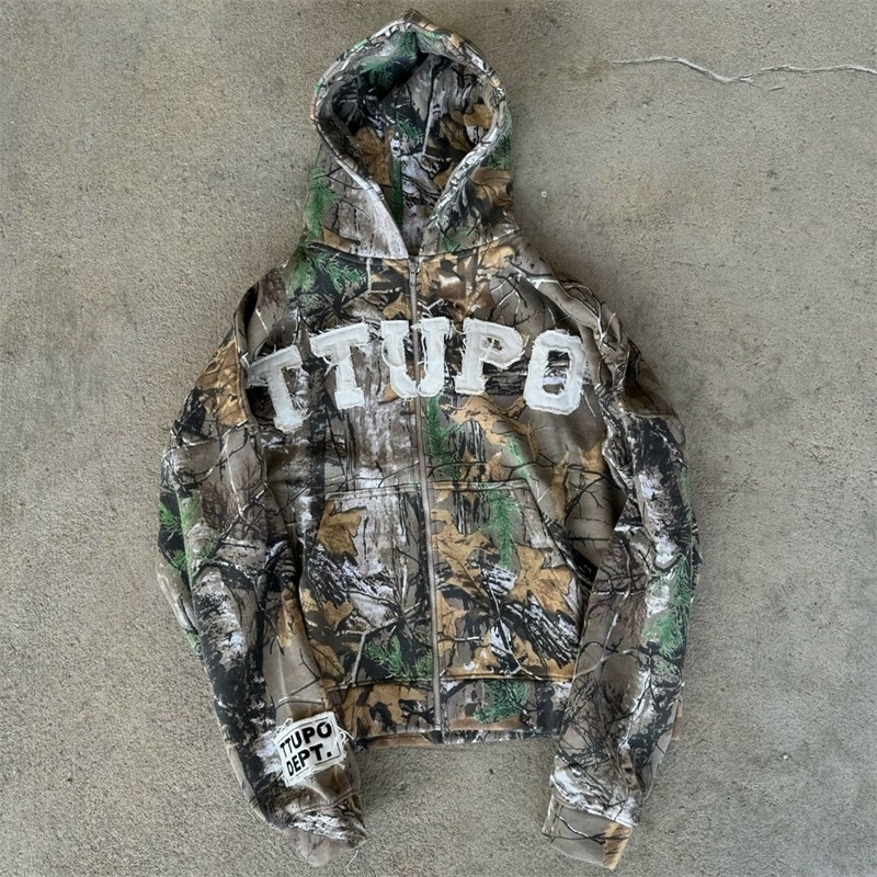 American Leaf Camouflage Pattern Embroidered Letter Zipper Mens Loose Trend Hip Hop Gothic Street Y2K Clothing 240816