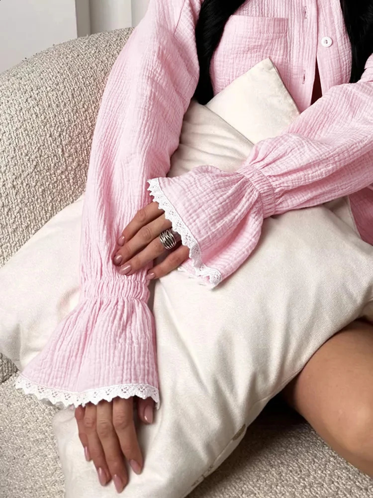 Hiloc Long Petal Sleeves Cotton Sleepwear Lace Patchwork Single-Breasted Lougerwear Pocket Lapel High Waist Women Pajama 2024 240815