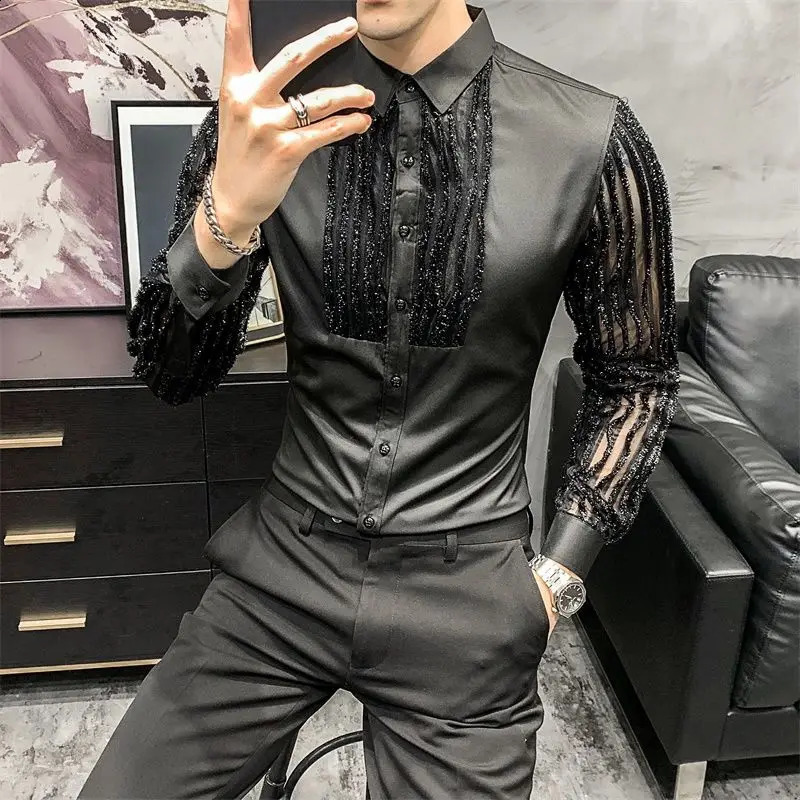 Sexy Tassels Groomsman Shirt Long Sleeve Lace Party Bar Casual Spring Autumn Outdoor Collared Dance Korean Men Blouses 240816