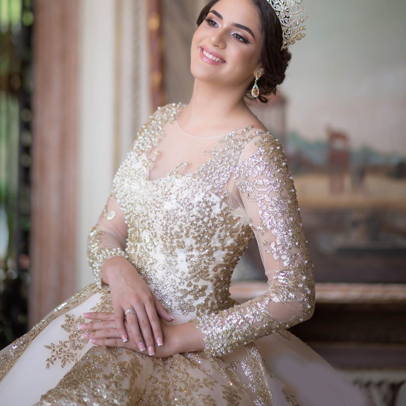 Champagne Shiny Quinceanera Dress Ball Gown Long Sleeves Gold Lace Applique Pearls Ruffles Corset Sweet 16 Vestidos De XV 15 Anos