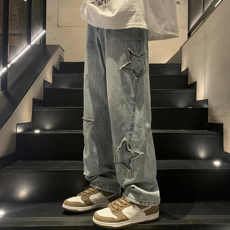 Mens Star Embroidery Straight Casual Jeans Baggy Gothic Neutral Wide Denim Pants Hiphop Fashion Youth Streetwear Male Y2K y240820