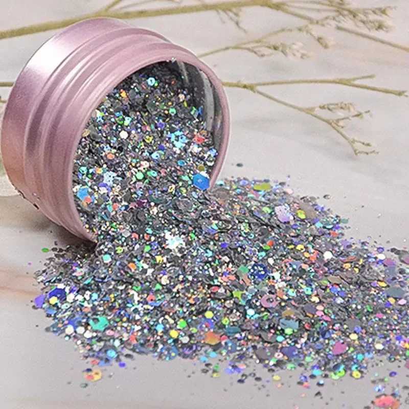 Iridescent Nail Art Sequins Silver Nail Glitter DIY Chrome Powder Sparkly Hexagon Chunky Flakes Manicures DecorationsXJ2403