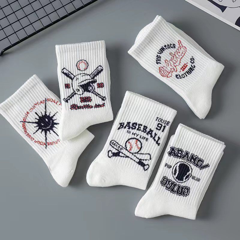 White socks men's mid tube ins trendy versatile anti odor cotton socks baseball socks men's basketball autumn and winter long socks