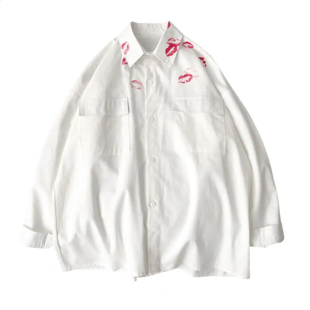 Kiss Print Mens Shirt With Print Vintage Lapel Long Sleeves White Shirt Coat Casual Men Shirts For Men Clothing Harajuku Blouse 240816