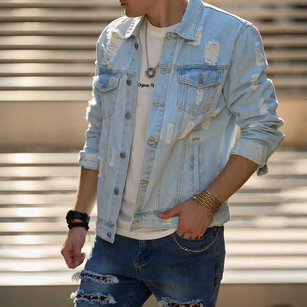 Autumn new mens streetwear fashion solid hole ultra-thin denim jacket high-quality mens casual jacket W241011