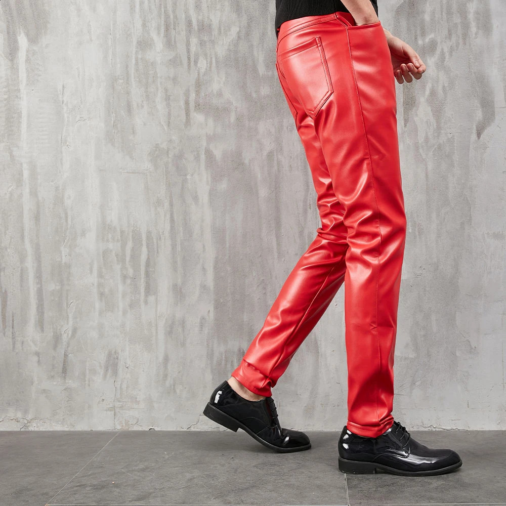 Mens Leather Pants Skinny Fit Stretch Fashion PU Leather Trousers Nightclub Party Dance Pants Thin 240816CJ
