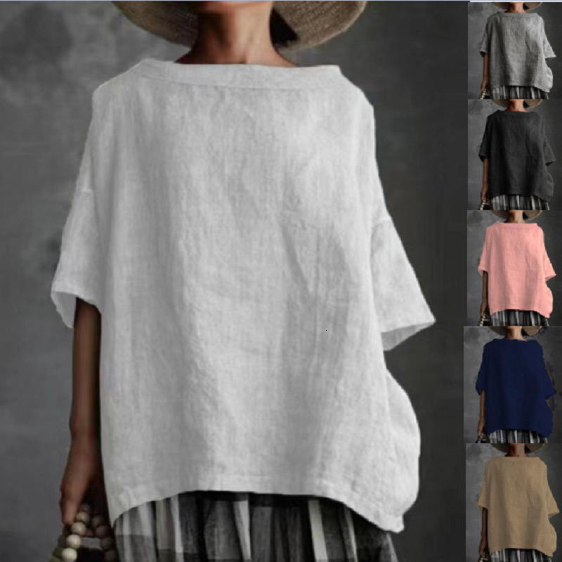 2021 Summer New Top Woven Round Neck Cotton Linen Style Solid Color Loose Women's T-shirt