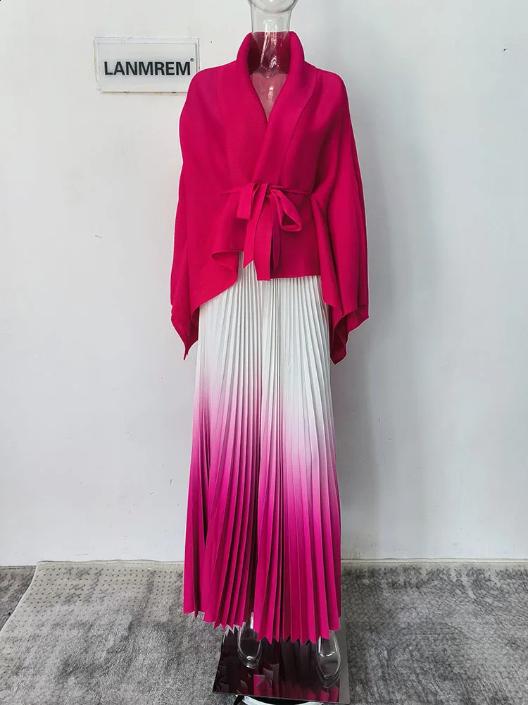 LANMREM Gradient Pleated Fashion 2 Piece Set Women Belt Batwing Sleeves Tops A-line Long Dresses Elegant Party Sets 32C1389 240815