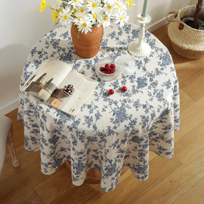 Cotton and Linen Round Tablecloth Vintage Blue Floral Printed Christmas Decoration Dining Table Cloth for Home Garden Tea 240816