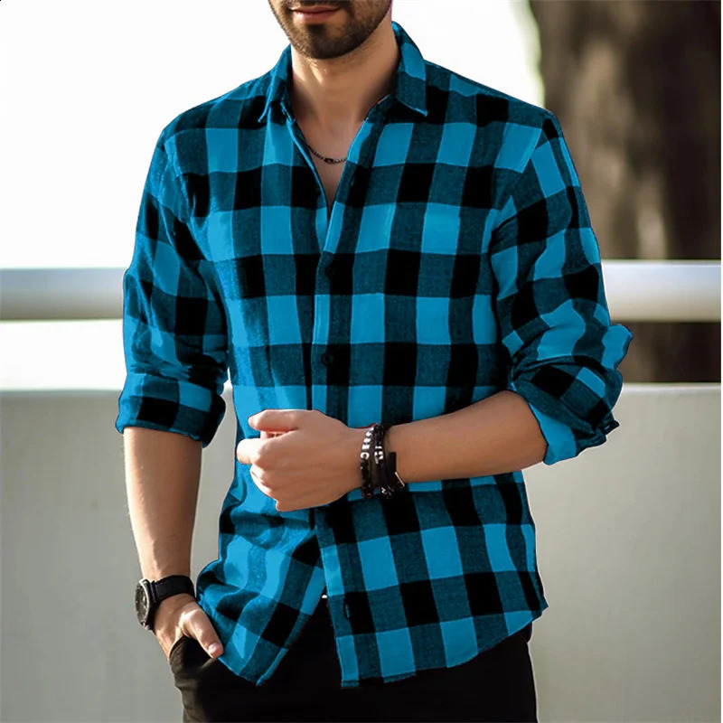 Fashion style black and white checkered shirt mens long sleeved shirt summer button up collar shirt loose casual top 240819