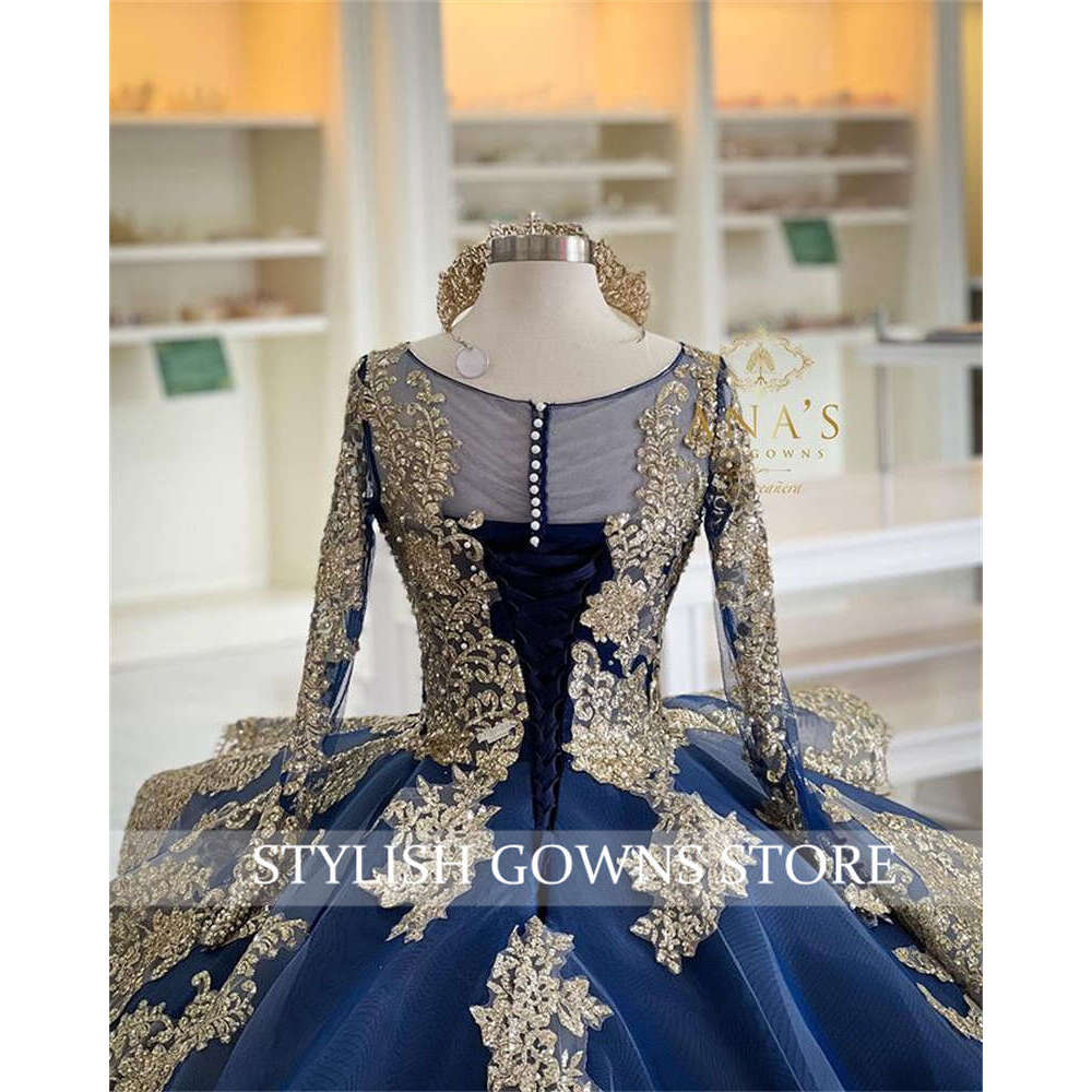 Princess Navy Blue Gold Lace Beaded Pearl Ball Gown Quinceanera Dresses Celebrity Party Prom Gowns Graduation Vestido De 15 Anos