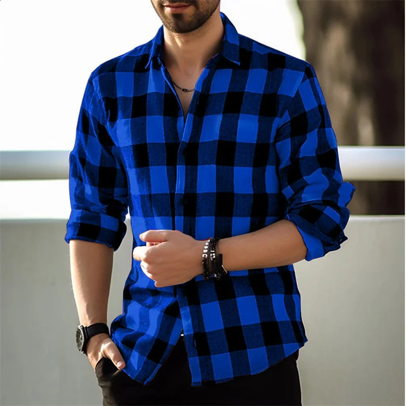 Fashion style black and white checkered shirt mens long sleeved shirt summer button up collar shirt loose casual top 240819