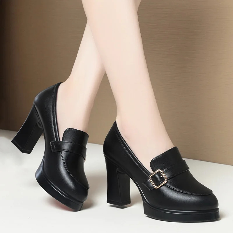 6cm 9cm Elegant Soft Leather Shoes Womens Black Platform Loafers Spring Block High Heels Shoes for Office Work Daily Mom 240815