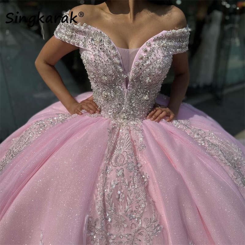 Pink Princess Sweet 16 quinceanera Dresses Beaded Crystals Appliques Pearls Vestido De 15 Anos Custom Ball Gown