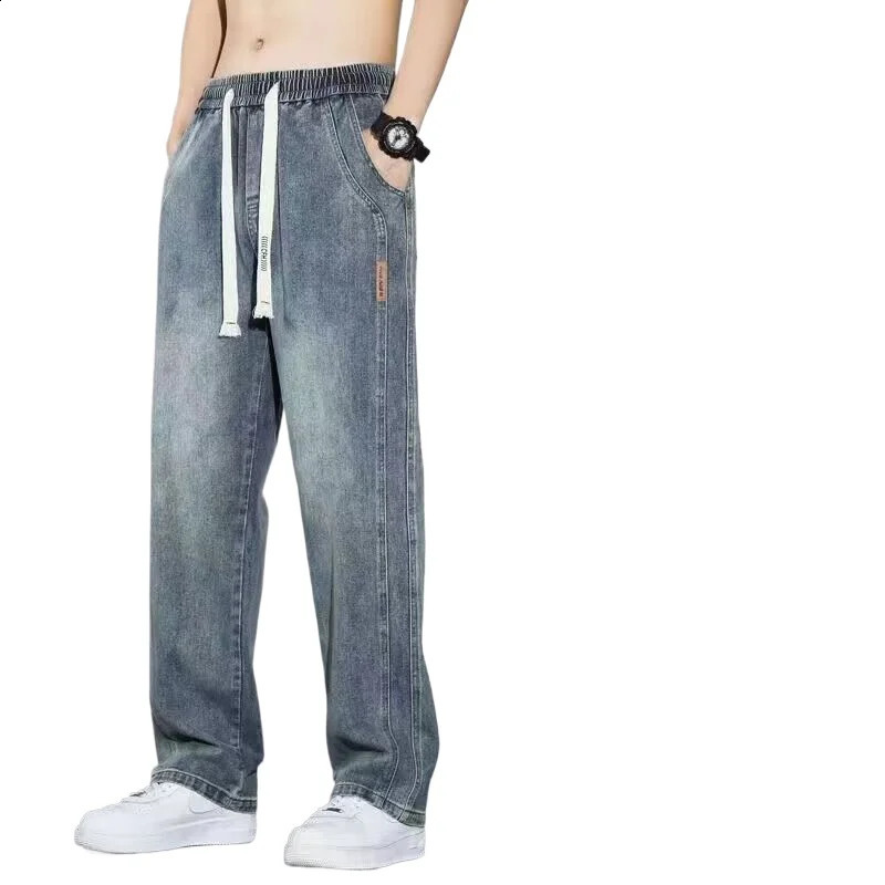 2024 Mens Autumn Straight Bag Pants Cotton Black Wide Leg Jeans Retro Y2k Mens Trousers Street Clothing Black 240815
