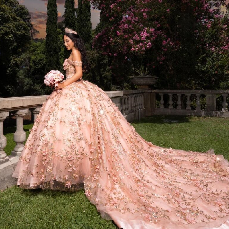 Blush Pink Puffy Princess Quinceanera Dresses 2024 Off Shoulder 3D ral Gillter Sequins Lace-up Corset Vestidos 15 anos rosa