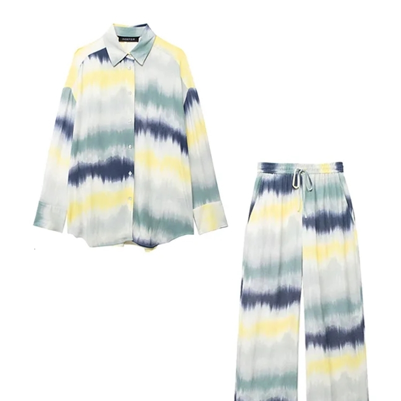 TRAFZA Women Printed Tied Pants Sets 2024 Tie Dye Long Sleeves Single Breasted ShirtsElastic Waist LaceUp Wide Leg TRAF y240815