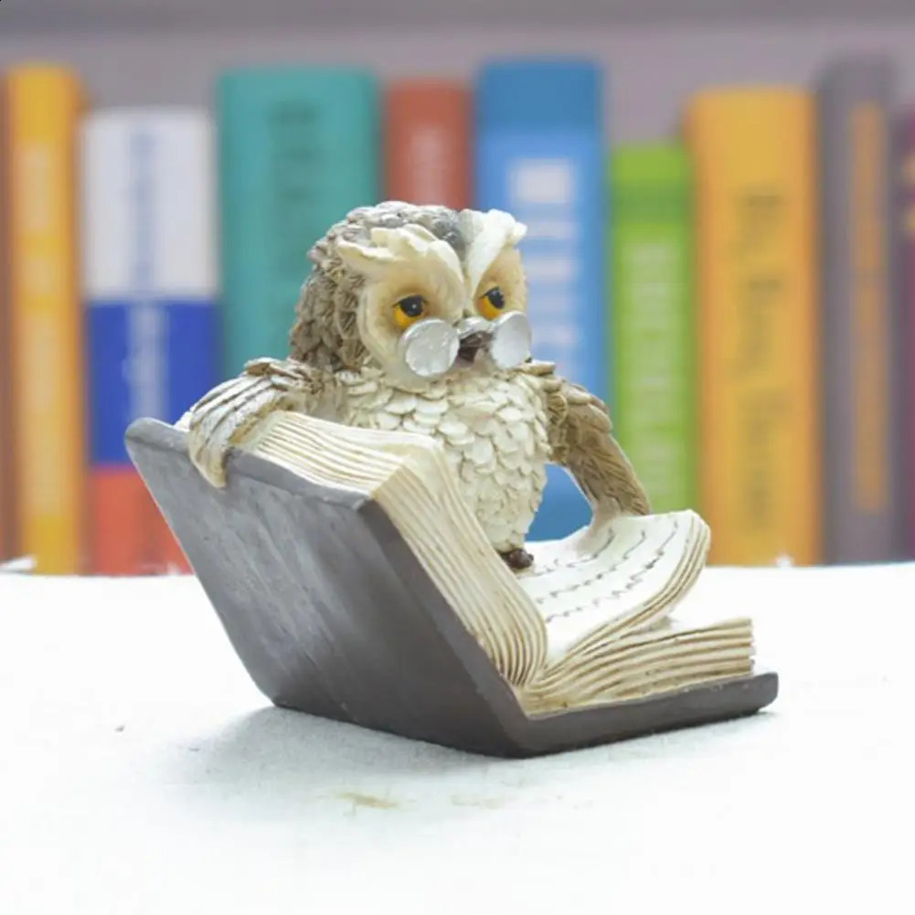 Figurine Owl Statue Ornament Animal Miniature 2Pcs/Set Owl Statue Cartoon Realistic Resin Reading Book Owl Figurine Home Decor 240816