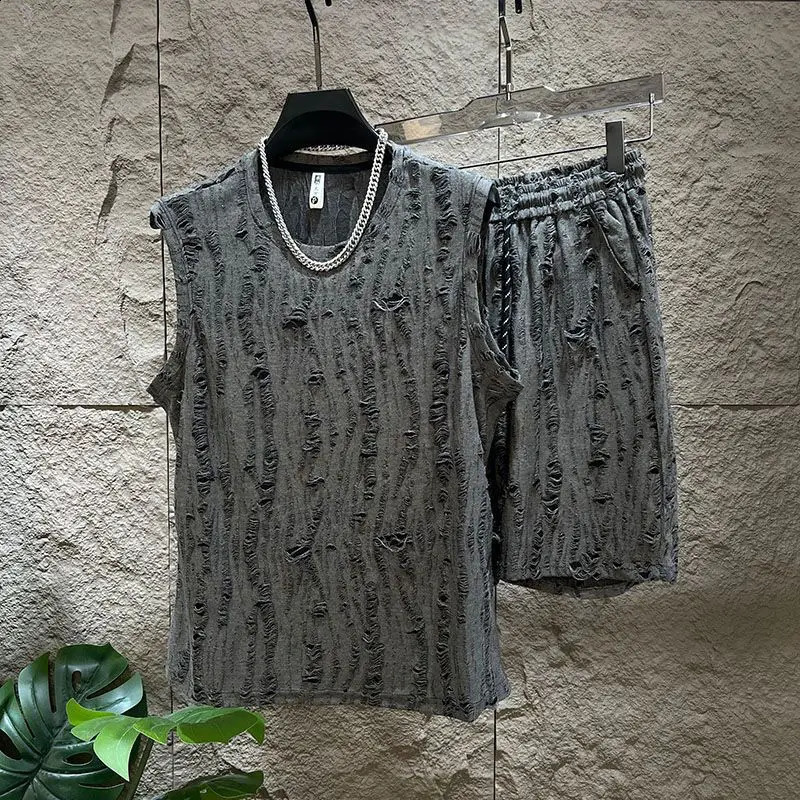 Mens sleeveless T-shirt set O-neck casual hollow vest tophollow quick mens breathable vest 2-piece set 240827