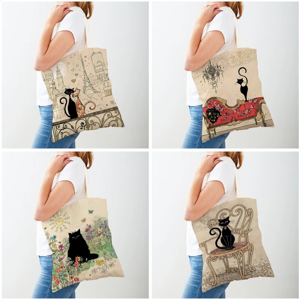 Quality New Cute Elegant Black Cat Women Shopper Bag Tote Handbag Pet Animal Print Canvas Cloth Both Sided Lady Shoulder Shopping Bags 240816