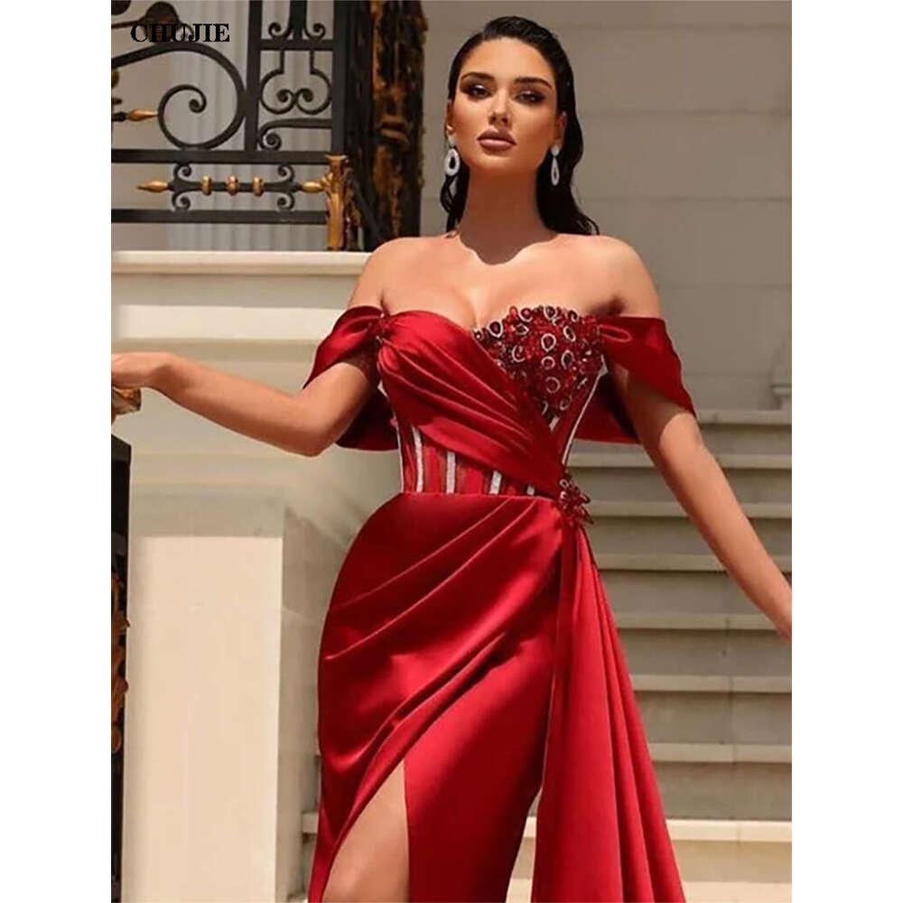 Elegant Evening Dress for Party Ball Gown Off Shoulder Satin Beaded Side Split Pleats Arabic Dubai Red Prom Gowns