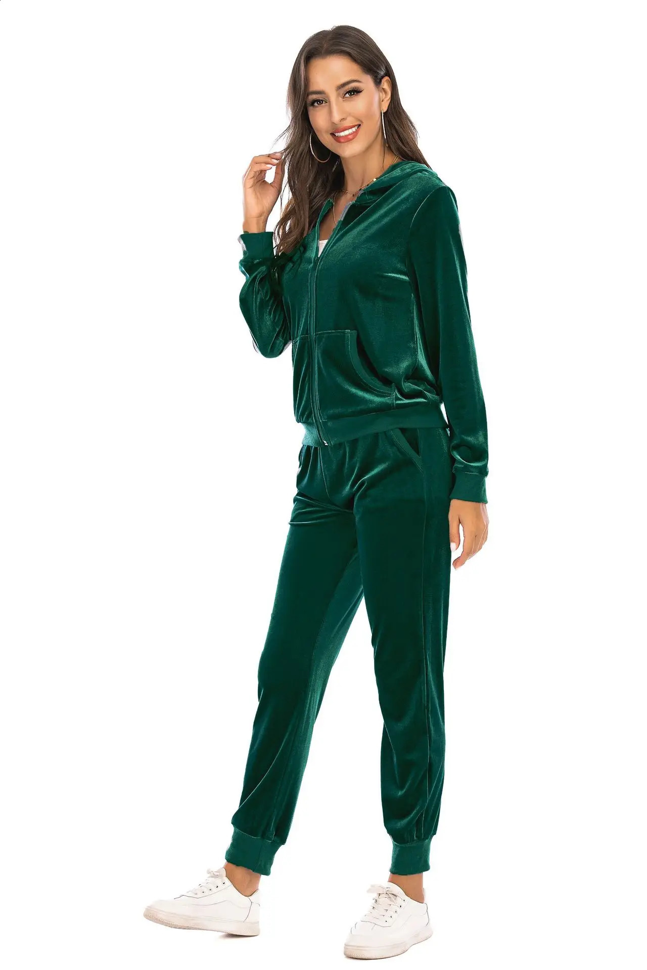 Velour Tracksuit Womens 2 Piece Sweatshirt Sweatpants Set Hoodie Sweatsuit with Pockets Casual Sportswear Autumn Winter Gym 240809