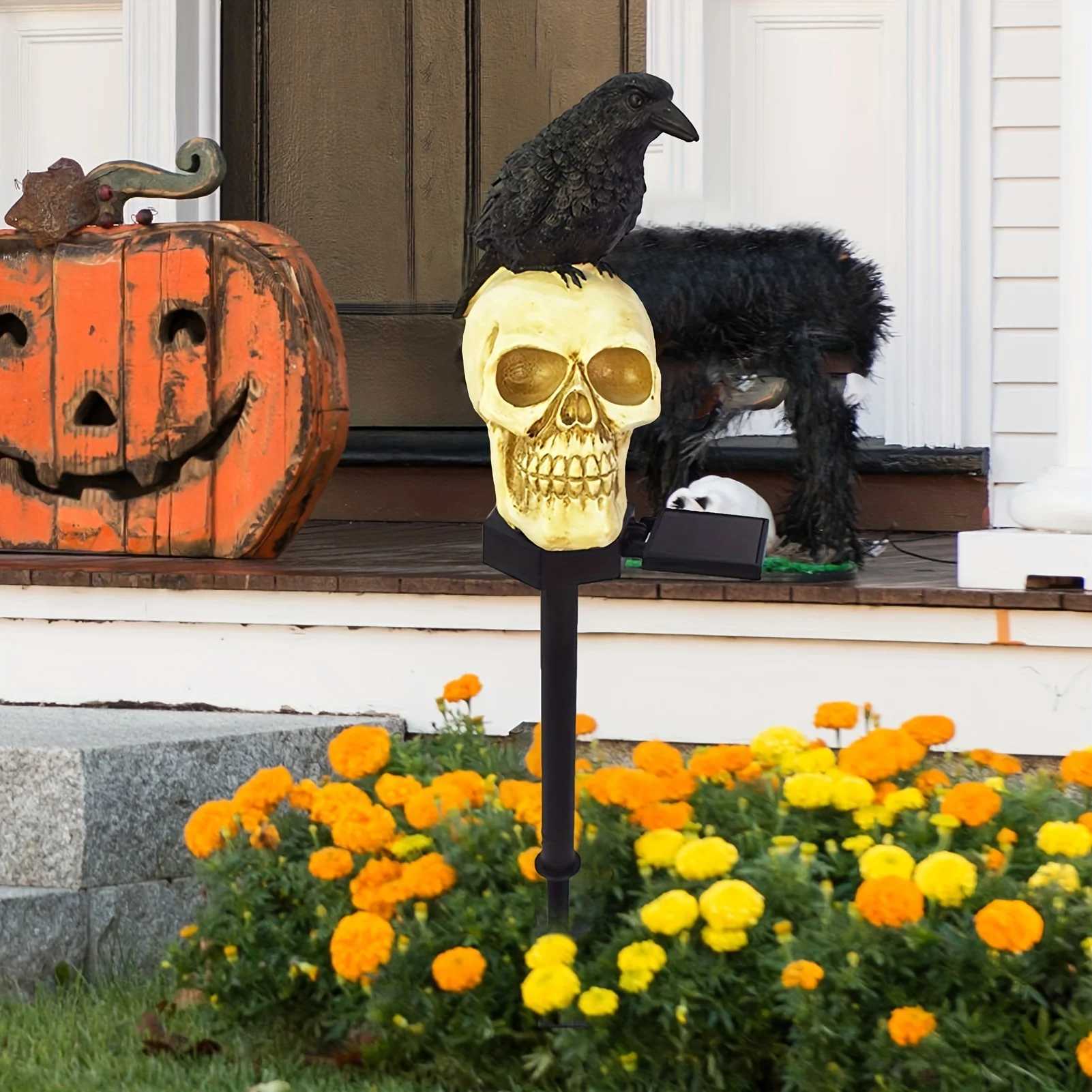 1Pcs Solar Resin Halloween Crow Skull Light Outdoor Waterproof LED Light Balcony Holiday Lawn Lamp Garden Decor Decorative Y240816