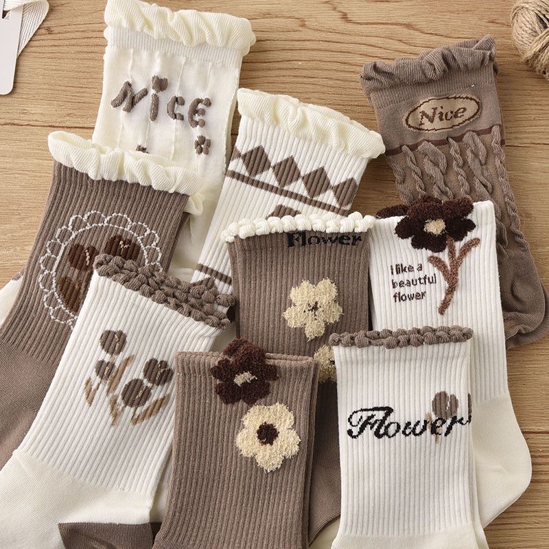 Women's socks autumn and winter plush flower long tube socks ins trendy versatile high beauty forest students coffee colored lace medium long