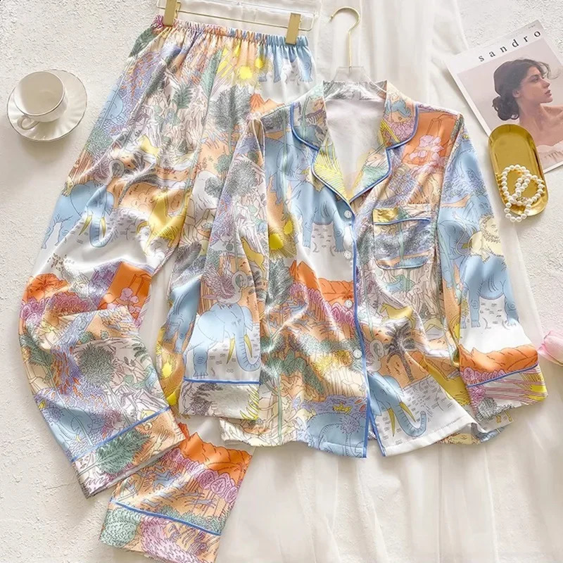 Womens Pajamas Sets Spring Autumn 2 Piece Animal Print Pyjama Faux Silk Satin Sleepwear Long Sleeve Pijama Mujer Pjs Homewear 240815