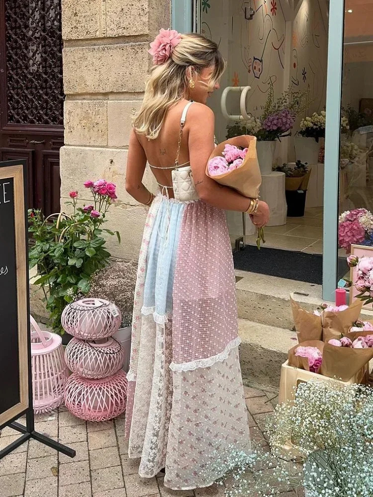 Sweet Print Patchwork Lace Halter Maxi Dress For Ladies Sexy Backless Ruffled Sleeveless Aline Dresse Street Vestidos 240816
