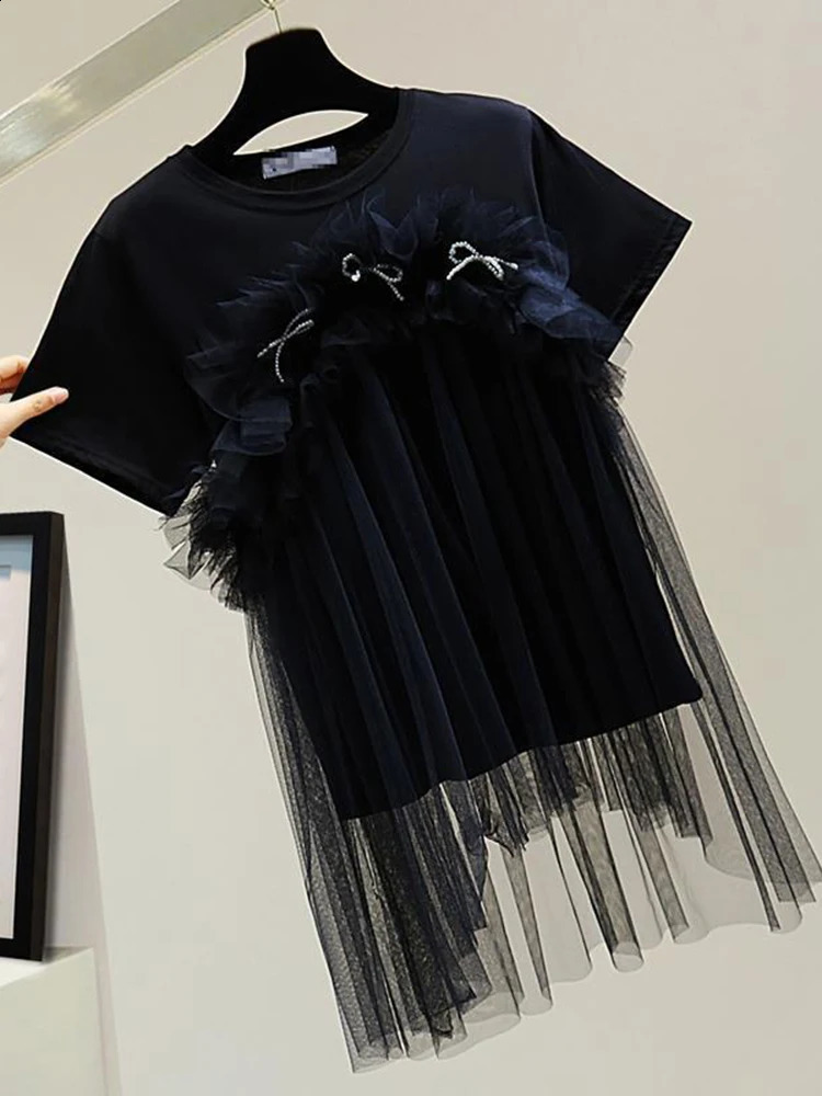XFPV Womens Mesh Splicing Loose Slimming Comparison Beaded Bow Top Y2k T-shirt Round Neck Short Sleeve Sweet Korean Summer SM2782 240816