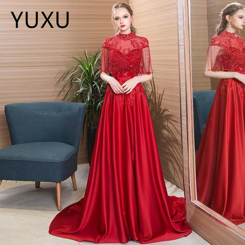 satin pink Evening Dresses Sparkly tassels beaded Sequin Rose Pink vestidos Prom Dress Lace Up Back Sweep Train Red Carpet Party Gown luxury mother of