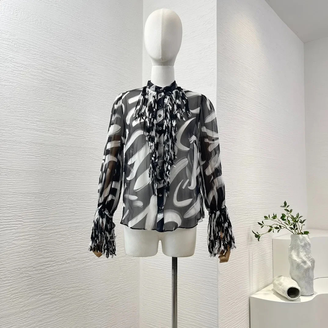 Pure silk highquality front button closed black and white handpainted long sleeved tassel womens shirt top 240814