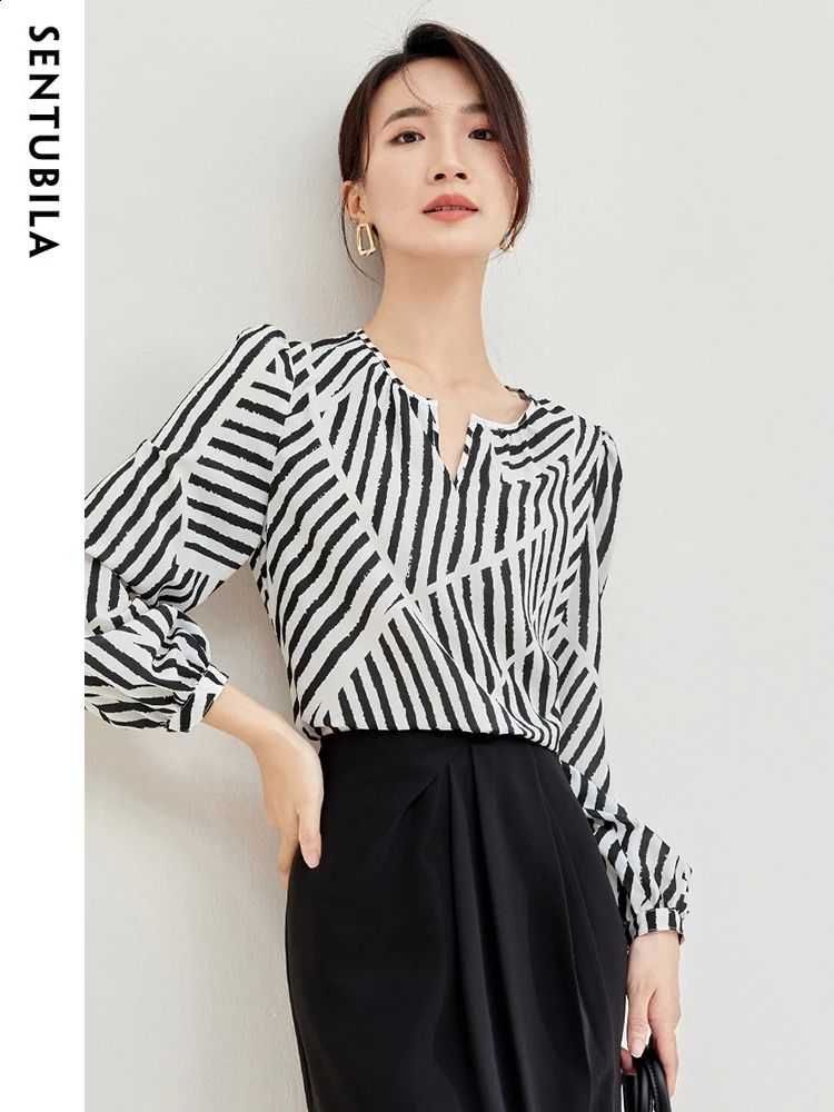 SENTUBILA Womens Elegant Printed Chiffon Top and Fashion Comparison Striped Round Neck Puff Sleeves Loose Autumn Shirt 240814