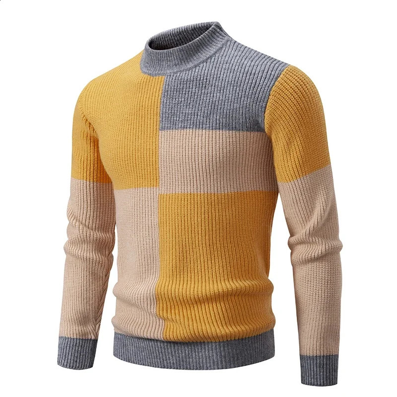 Mens Pullover Autumn Fashion Patch Work Knitted Sweater Mens Slim Fit Leisure Warm Knitted Sweater Top 240802