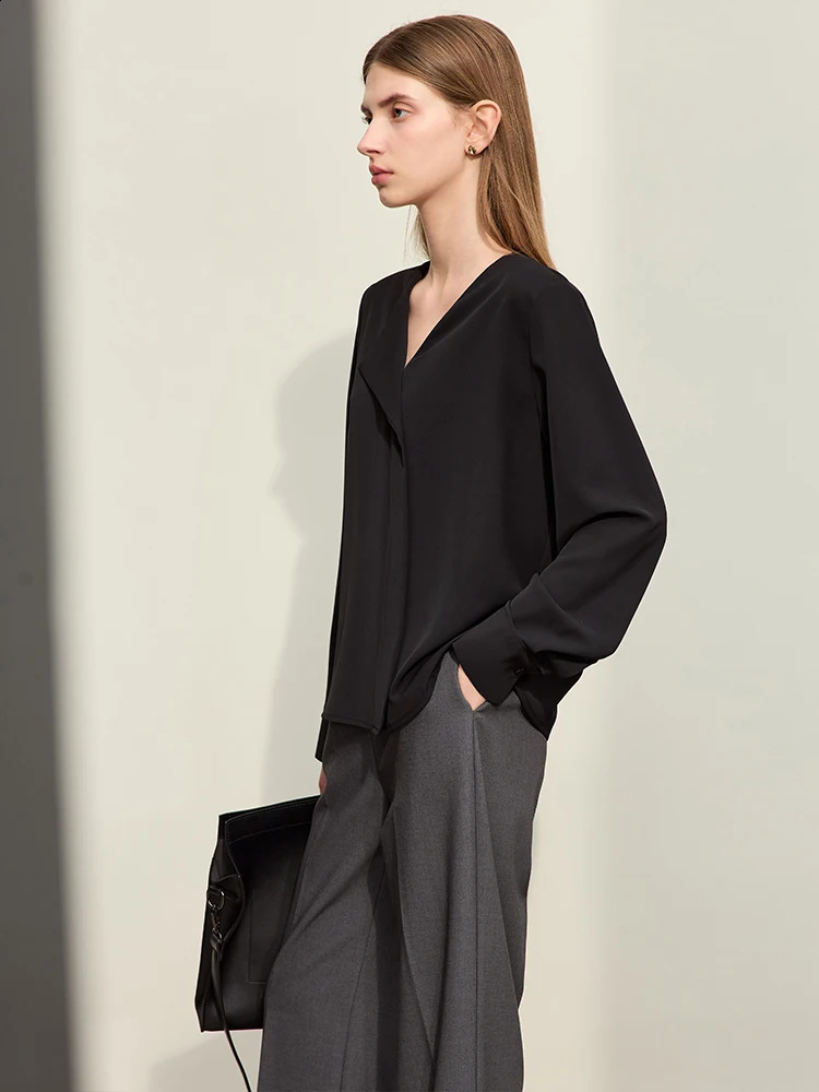 Amii Minimalism Spring Chiffon Womens Shirt Office Temperature Asymmetric Vneck Loose 12451028 240814