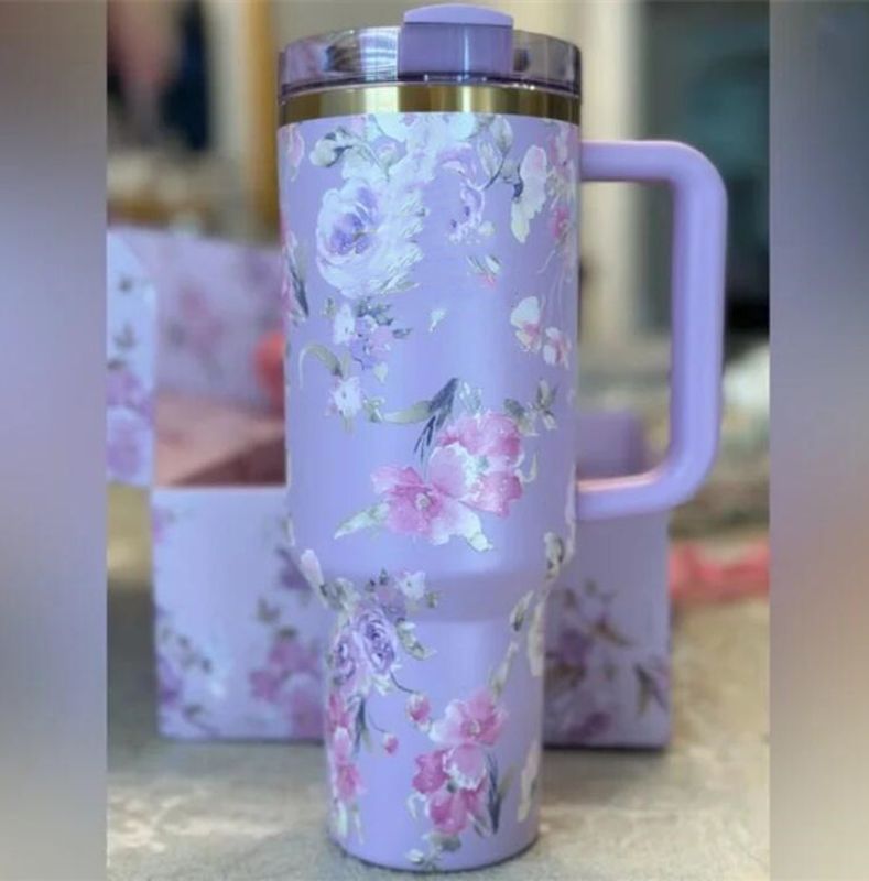 US STOCK Cobrand pink Tumblers Pink Rose Cups 40oz Stainless Steel cups with handle Lid And Straw Travel Car Mugs Clean Slate Brushstrokes Water Bottl