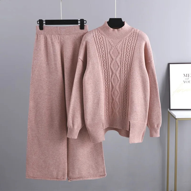 Winter Cashmere Womens Tracksuits Thick Oversized Women Turtleneck Sweater 2 Pieces Sets Drawstring Harem Pant Suits Outfit 240815