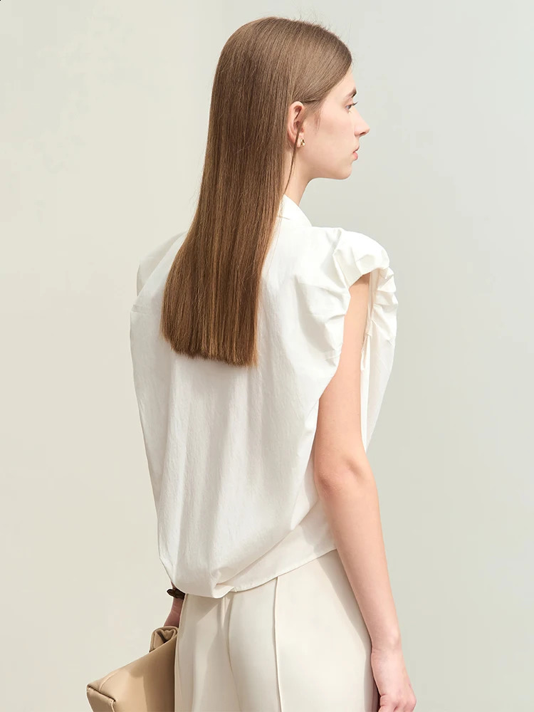 Amii Minimalism Summer Womens Solid Tencel Cotton Wide Shoulder Petal Sleeve Shirt and 12442032 240814